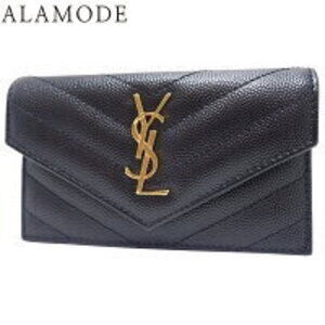 SAINT LAURENT Flap Wallet YSL V Stitch Quilted Grain de Poudre Black